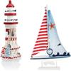 com-four® set di decorazioni marittime da 2 pezzi - Veliero decorativo in legno e faro per un'atmosfera marittima nella tua casa (02 pezzi - Veliero + faro blu/rosso)