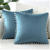 Sungeek Confezione da 2 Federe Cuscini Decorativi Copricuscini Divano in Morbido Velluto con Pon Pon Fodere per Cuscini per Divano Letto Soggiorno Camera da Letto (50x50cm, Azzurro)