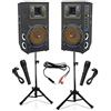 SHARD-LAB IMPIANTO AUDIO KARAOKE pronto all'uso 2 CASSE AMPLIFICATE BLUETOOTH 600W 8 + 2 MICROFONI CON FILO + CAVO PC + 2 STATIVI (alzata ridotta)