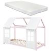 [en.casa] Letto per Cameretta a Forma di Casetta con Finestra e Tettuccio Letto Singolo per Bambini con Materasso 90 x 200 cm Struttura in Legno di Pino - Rosa/Bianco