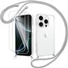Votvloay Cover Cordino per iPhone 16 Pro 6,3 con 2 x Pellicola Protettiva Vetro Temperato, Trasparente Custodia con Laccio Tracolla Corda, Sottile TPU Silicone PC Antiurto Case, Grigio