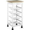 HOMCOM Carrello di servizio con scomparti multipli su ruote 4 cesti in metallo + cassetto in legno di pino 37 x 37 x 82 cm bianco