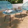 DEGHI Tavolino da giardino 90x50 cm in metallo nero e corda azzurro con top in vetro - Kalimba