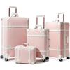 Urecity Set di Valigie da Viaggio Vintage 4 Pezzi, Leggero, Stile Retrò, Valigia in Pelle con Struttura Rigida, Trolley, Bagaglio a Mano, Set con Serratura TSA e 8 Ruote (S-M-L-XL), Colore: rosa., Set