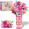 CUBIMANA Set da costruzione con bouquet di rose rosa romantiche con vaso e luce LED, fiori botanici da 3,6 mm mini giocattoli da costruzione, fiori artificiali per decorazioni e esposizione della casa
