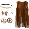 BrightGlow Hippie Costume da Donna Con Frange, Gilet Anni '70 Senza Maniche per Carnevale e Halloween - Cardigan in Pelle Scamosciata per Discoteca