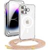 DiDaDi Custodia magnetica Cover per iPhone 16 Pro Max con cordino [compatibile con MagSafe] 2 pellicole protettive, 1 protezione per fotocamera in vetro, Collana con cordino regolabile (Rainbow)