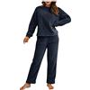 Generic Pigiama in pile da donna, 2 pezzi, biancheria da notte da donna, a maniche lunghe, con maglietta e pantaloni in pile felpato, termico, invernale, tinta unita, con tasca, set casual da casa, Blu scuro