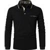 AIOIDI Polo Uomo Manica Lunga Slim Fit Cotone Strisce Plaid T Shirt con Tasche，Nero 1，L