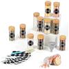 FRIBERG Set Di 12 Barattoli Spezie, Barattoli Rotondi per Spezie,120ml,Barattoli Porta Spezie Con Coperchio in Legno,Barattoli Spezie per Cucina, Con Pennello, Etichetta, Penna, Imbuto E Setaccio