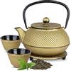 Tealøv TEIERA GHISA SET - Set Completo Teiera in Ghisa con Infusore, 2 Tazze e Sottoteiera - Interno completamente smaltato - Design Elegante in Stile Giapponese (800 ml, Oro)