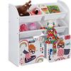 Relaxdays Scaffale per Bambini, 6 Scatole Porta Giochi, Motivo Supereroi, 2 Box con Ruote, HxLxP 80,5x82,5x30 cm, Bianco, Legno