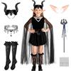 GEEKEO Costume da Malefica Bambina, Costumi da Cosplay Malefica Regina Strega Cattiva Halloween con Vestito Strega, Corna Copricapo e Collana, Vestito Maleficent per Cosplay Halloween Carnevale Festa