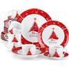 VEWEET, Servizio di Piatti Natalizi da 30 Pezzi per 6 Persone in Porcellana con Piatti Piani, Dessert, Fondi, Tazze e Piattini, Motivo Albero di Natale, Rosso, Serie CHRISTMASTREE