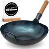 YOSUKATA Wok Padella Professionale 34 cm - Tradizionale Wok Acciaio al Carbonio Blu Fondo Piatto Precondizionato - Cinese Originale Padella - Adatto a Gas Induzione Elettrico Сeramica e Fuoco Aperto