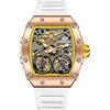 FORSINING Orologio da Uomo, Forma Tonneau Scheletrato Meccanico Automatico Orologio da Polso Quadrante Grande Moda Business Elegante Orologi Cinturino in Silicone, Bianco e giallo., Cinturino