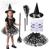 WELLXUNK Set Vestito Strega Halloween Bambina, Tutù da Strega per Bambina con Cappello Donna, Scopa e Adesivo per Viso con strega, Costume da Carnevale Accessori Halloween (Arancione)