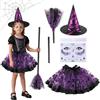 WELLXUNK Set Vestito Strega Halloween Bambina, Tutù da Strega per Bambina con Cappello Donna, Scopa e Adesivo per Viso con strega, Costume da Carnevale Accessori Halloween (Viola)