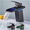 OUGOO Rubinetto monocomando LED per lavabo, rubinetto RGB a 3 colori mutevoli con sensore di temperatura, miscelatore a cascata in ottone per bagno, nero