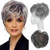 Meisi Topper per capelli da donna a caschetto corto con frangia e riga laterale 360°, copertura 3D 16,5 x 16,5 cm, capelli sintetici, aspetto naturale, parrucca per diradare i capelli (grigio scuro)