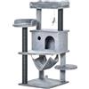 PawHut Albero Tiragraffi per Gatti con Palo, Casetta, Letto, Amaca e 2 Giochi in Legno e Peluche, 48x48x107 cm, Grigio | Aosom Italy