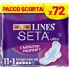 Lines Seta Ultra Lungo con Ali, 72 assorbenti lunghi per il giorno con ali a incastro perfetto. Per flussi intensi e ipoallergenico. Comfort e asciuttezza con cuore super assorbente, pacco scorta.
