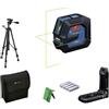 Bosch Professional livella laser a linee GLL 20-22 G (staffa LB 10, laser verde, uso interno, doppia alimentazione, 2 batterie da 1,5 V LR6, custodia protettiva, treppiede BT 150)