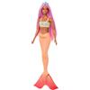 Barbie - Sirena, bambola capelli e cerchietto fantasia rosa, con corpetto ispirato alle stelle marine e morbida coda arancione, giocattolo per bambini, 3+ anni, HRR05