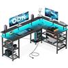 ODK Scrivania Gaming con LED, Scrivania Angolare Reversibile con 2 Prese e 2 Porte USB, Grande Scrivania Gaming Angolare con Ripiano in Rete, Nero Fibra di Carbonio, 150×102 cm