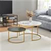 [en.casa] Set di 2 Tavolini Sovrapponbili Tavoli Bassi da Salotto con Piano Rotondo Tavolini da Caffè in Misure Diverse Base Semicircolare in Metallo - Effetto Marmo Bianco e Nero/Color Oro