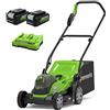 Greenworks G24X2LM36K4X Tagliaerba a Batteria per Prati Fino a 420m², Ampiezza di Taglio 36cm, Sacca da 40L CON Due Batterie 2 x 24V (Pari a 48V) 4Ah e Caricabatterie Doppio, Garanzia 3 Anni