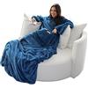 Brandsseller, soffice coperta TV con maniche, in effetto cashmere, sacco copripiedi e 2 tasche per smartphone/telecomando e molto altro ancora, Fibra sintetica, Blu, 170 x 200 cm