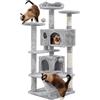 Yaheetech Albero Tiragraffi per Gatti 139 cm con 3 Pali Graffiatoi 3 Posatoi 2 Grotta 2 Pompon in Peluche a Più Livelli Giocattolo Gioco Grigio Chiaro