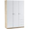 Dmora Armadio Guardaroba, 3 Ante + 3 cassetti-cm. 121 x 180 x 52, Bianco e Rovere, Small