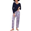 Bresdk Pigiama Donna Cotone Lungo Leggero Completo Invernale Lungo con Maglia a V Maniche Lunghe e Pantaloni a Quadri Morbido e Confortevole Blu+Rosa M