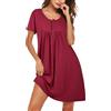 Cropgain Camicia da Notte in Cotone Morbido da Donna Maniche Corte Scollo a U Apertura Anteriore con Bottoni Pigiama Casual Comodo Ampio Classico Abbigliamento da Notte Estivo Bordeaux L