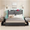 GIANTEX Telaio letto 140 x 200 cm con illuminazione a LED, letto matrimoniale con presa e stazione di ricarica, telaio imbottito con rete a doghe, letto imbottito con 4 cassetti pieghevoli e 2 tasche