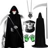 Moerstar Costume Mietitore Bambino Adulto, Costumi Halloween Morte con Mantello Nero con Cappuccio Falce Maschera Teschio Guanti e Collana, Costume Uomo per Halloween Carnevale (170)