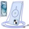 Coalbooliy Cover Magnetica per iPhone 15 con Cordino,Compatibile con Mag-Safe, Custodia Traslucida Opaca Posteriore Sottile Antiurto con Laccio Collo Tracolla Corda Cinghia Case,Blu
