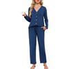 Wikoan Pigiama da Donna Inverno Scollo a V Pigiama Cardigan Bottone Pigiama Manica Lunga Pantaloni con Tasche,Blu Opaco,XXL