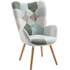 MEUBLE COSY Poltrona Patchwork Imbottita Sedia da Salotto con Braccioli Poltroncina Relax in Tessuto con Schienale Alto Gambe in Legno per Camera da Letto Soggiorno