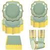 PHUNAT Set da tavola vintage per 30 ospiti, colore: verde salvia con piatti di carta, tovaglioli e bicchieri in lamina d'oro, stoviglie di carta in stile britannico classico per giardino, tè