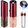 Vzaahu Set di 2 Macinasale e Pepe Elettrico, USB Ricaricabile, Ruvidità Regolabile, Colore Rosso, Funzionamento a Batteria, Agitatore Elettrico per Spezie con Luce