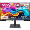 BenQ PV3200U 32 4K UHD Monitor per video editing, 95% DCI-P3, 100% Rec.709/sRGB, audio 2.1, USB-C 65W, compatibile Mac, calibrazione in fabbrica e software, supporto ergonomico