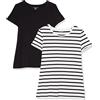 Amazon Essentials Maglietta Girocollo a Maniche Corte Vestibilità Regolare Donna, Pacco da 2, Bianco Righe/Nero, XXL