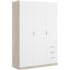 DEKIT GRUPO RIMOBEL ESSEN - Armadio guardaroba a 3 porte e 3 cassetti, Bianco/Naturale, 121x184x52 cm