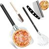 cenoz Set di 4 attrezzi pale pizza, 30x35 cm pala per pizza forata, Alluminio 23cm palino per pizza con manico lungo, Coltello tagliapizza professionale, Spazzolone per forno pizza con raschietto