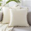 Topfinel Confezione da 2 federe in velluto con pompon grandi, decorazione quadrata in tinta unita, 50 x 50 cm, per divano, letto, soggiorno, con cerniera invisibile, 50 x 50 cm, crema