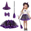 MIVORA Costume Strega Bambina, 4 Pezzi Costume Stregatto Bambino, Vestito Carnevale Costumi Halloween Bambini, con Cappello da Strega Scopa Della Strega e Tutu, per Festa Cosplay (A)
