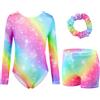 XiaoMoSha Set di body da ginnastica a tre pezzi, a maniche lunghe, con pantaloncini e fascia per capelli, per danza classica, con colori sfumati, per bambini dai 3 ai 12 anni, Arcobaleno, 7-8 Years